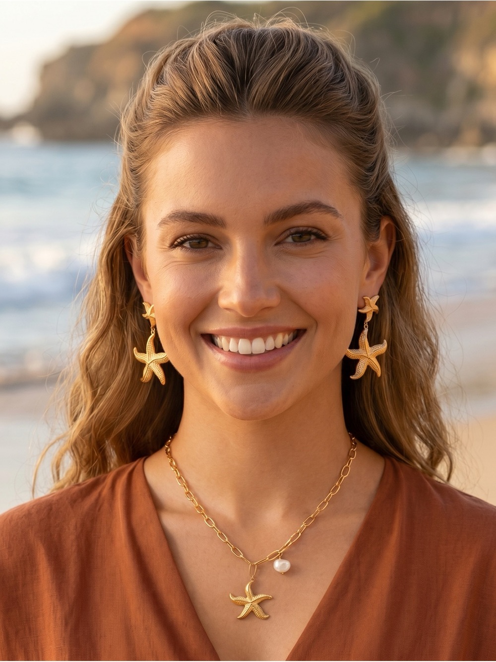 Double Starfish Waterproof Dangle Earrings